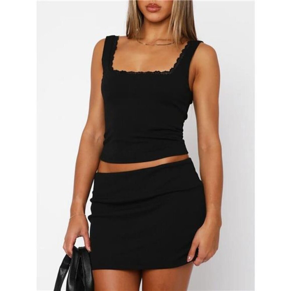 Lace Detail Square Neck Tank and Skirt Set